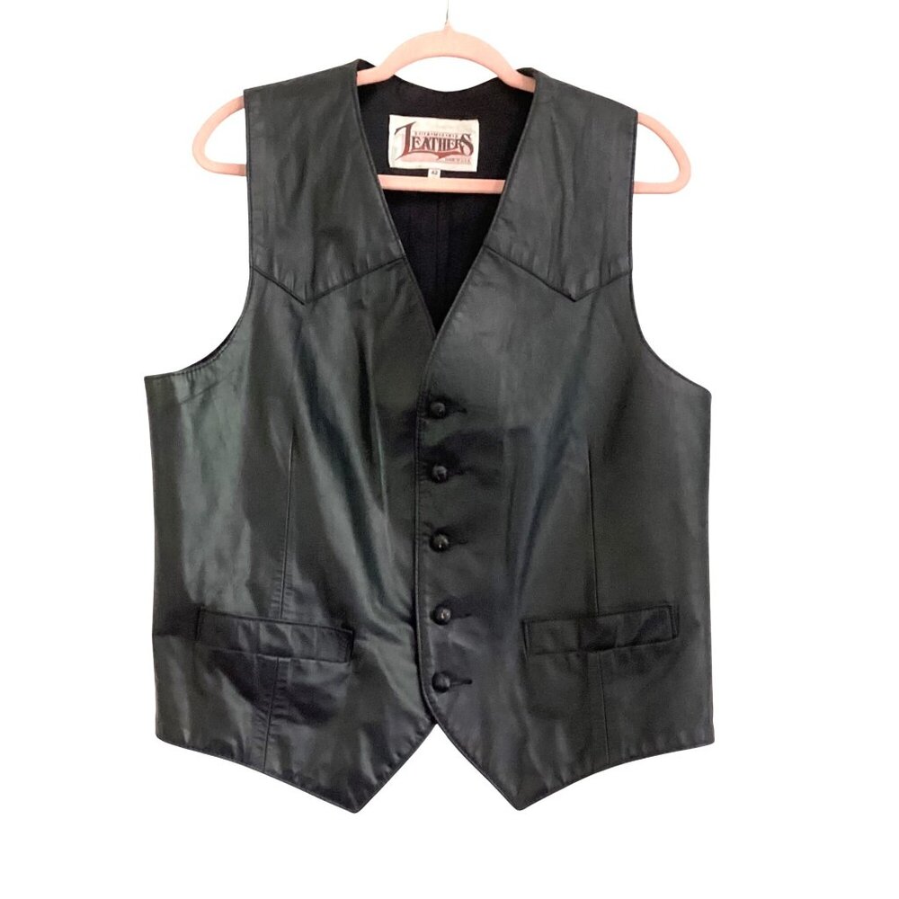 Vintage Diamond Leathers  Black Leather Mens Western Vest Size 42 Biker Jacket